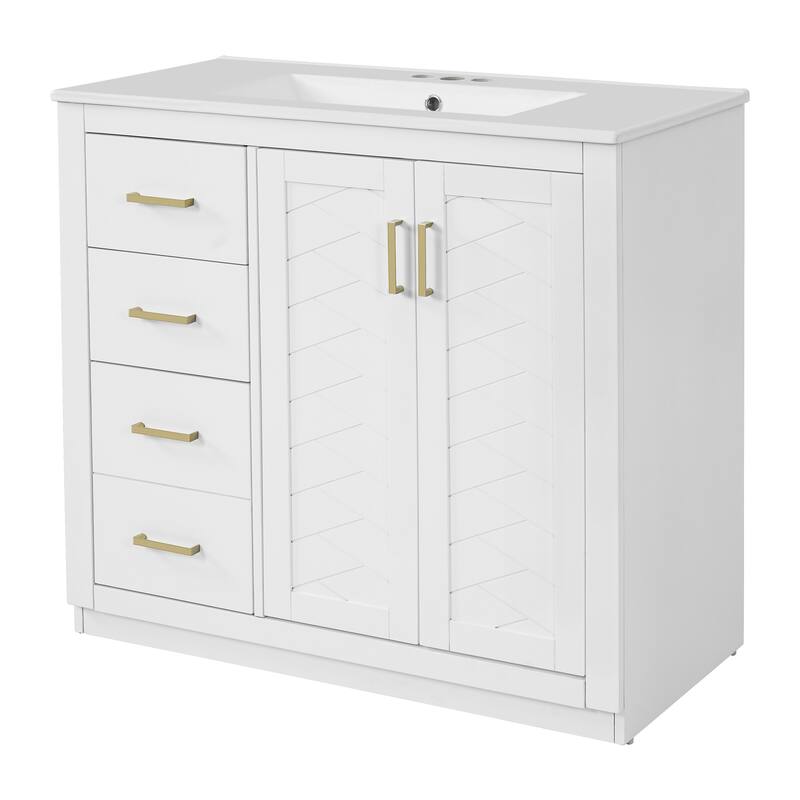 36'' Bathroom Vanity with Ceramic Sink Combo, Solid Wood Frame Bathroom Storage Cabinet with 3 Drawers& Soft Closing Doors