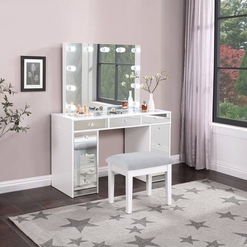 Regina Makeup Vanity Table Set with Stool and Lighting White
