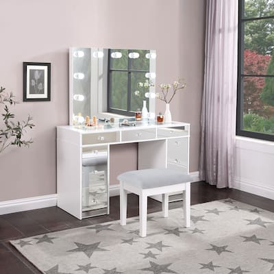 Regina Makeup Vanity Table Set with Stool and Lighting White