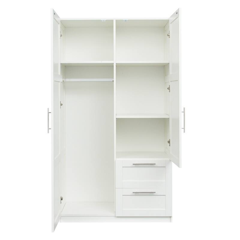 2 Door Armoire Wardrobe Closet, 2 Drawers Wooden White Closet Wardrobe Cabinet for Large Capacity