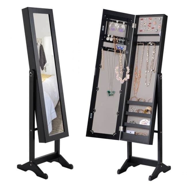 Mirrored Standing Jewelry Cabinet Storage Box - 13" x 14.5" x 56" (L x W x H)