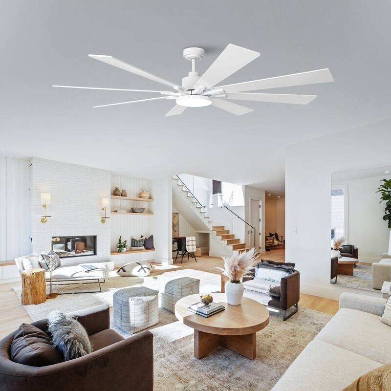 Modern 72-in White Wooden 8-Blade Large Windmill Ceiling Fan with Light