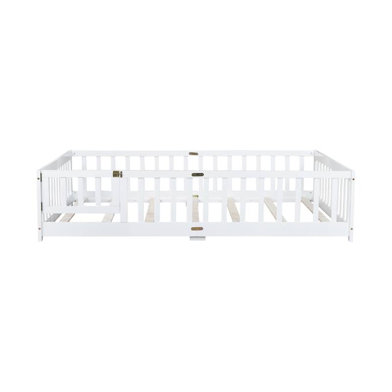 Floor Bed with Fence,Door and Safety Guardrails,Ideal for Kids' Play and Sleep - White-Full Size