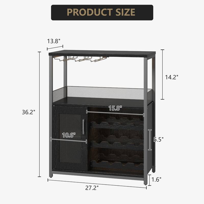 3-Tier Wine Bar Cabinet with Storage, Wine Rack & Glass Holder, Small Liquor Cabinet for Home, Black Corner Storage with Shelves