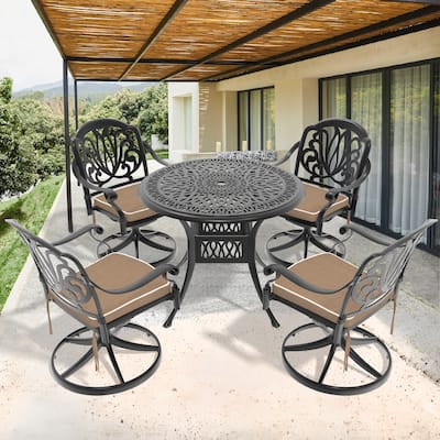 5-Pcs Cast Aluminum Dining Set, 4 Swivel Chairs with Cushion and 1 Umbrella Hole Round Dining Table, Patio Conversation Set