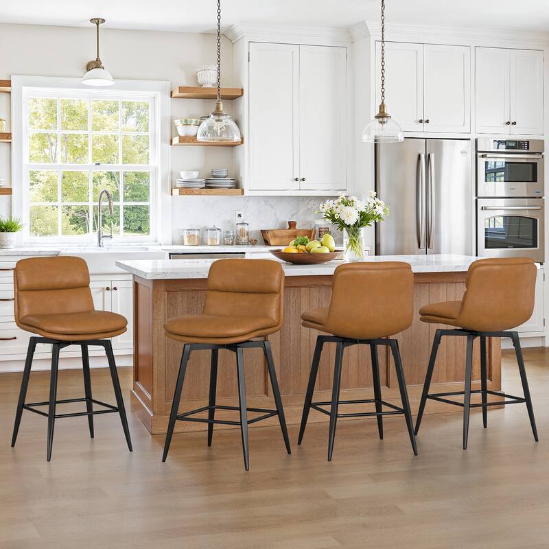 360°Swivel Bar Stools Set of 2/3/4, 26" H Seat Height with, Faux Leather Barstool for Kitchen Island and Home Bar Brown - Brown - Set of 4