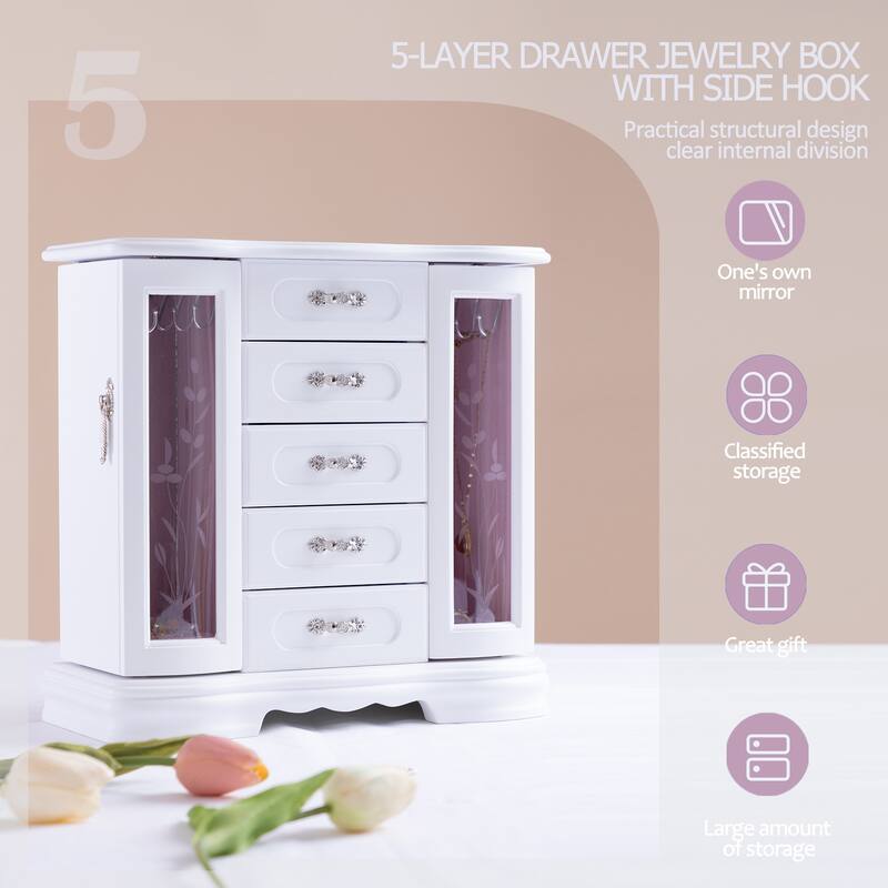 Classic vintage Jewelry Boxes for Women, 5 Layer Drawer Wood Jewelry Boxes and built-in Hooks and Attached Mirror
