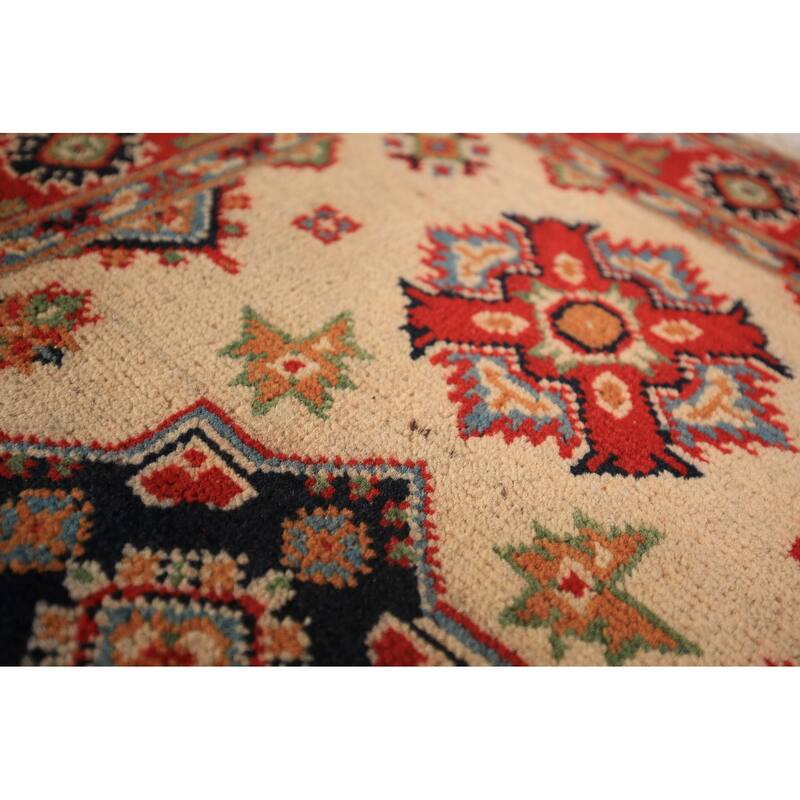Geometric Kazak Oriental Foyer Rug Hand-Knotted Beige Wool Carpet - 2'0" x 3'0"