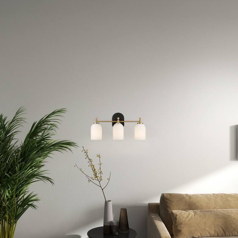 Flac Three-Light Vanity Wall Fixture in Brushed Gold with Frosted Glass Shades