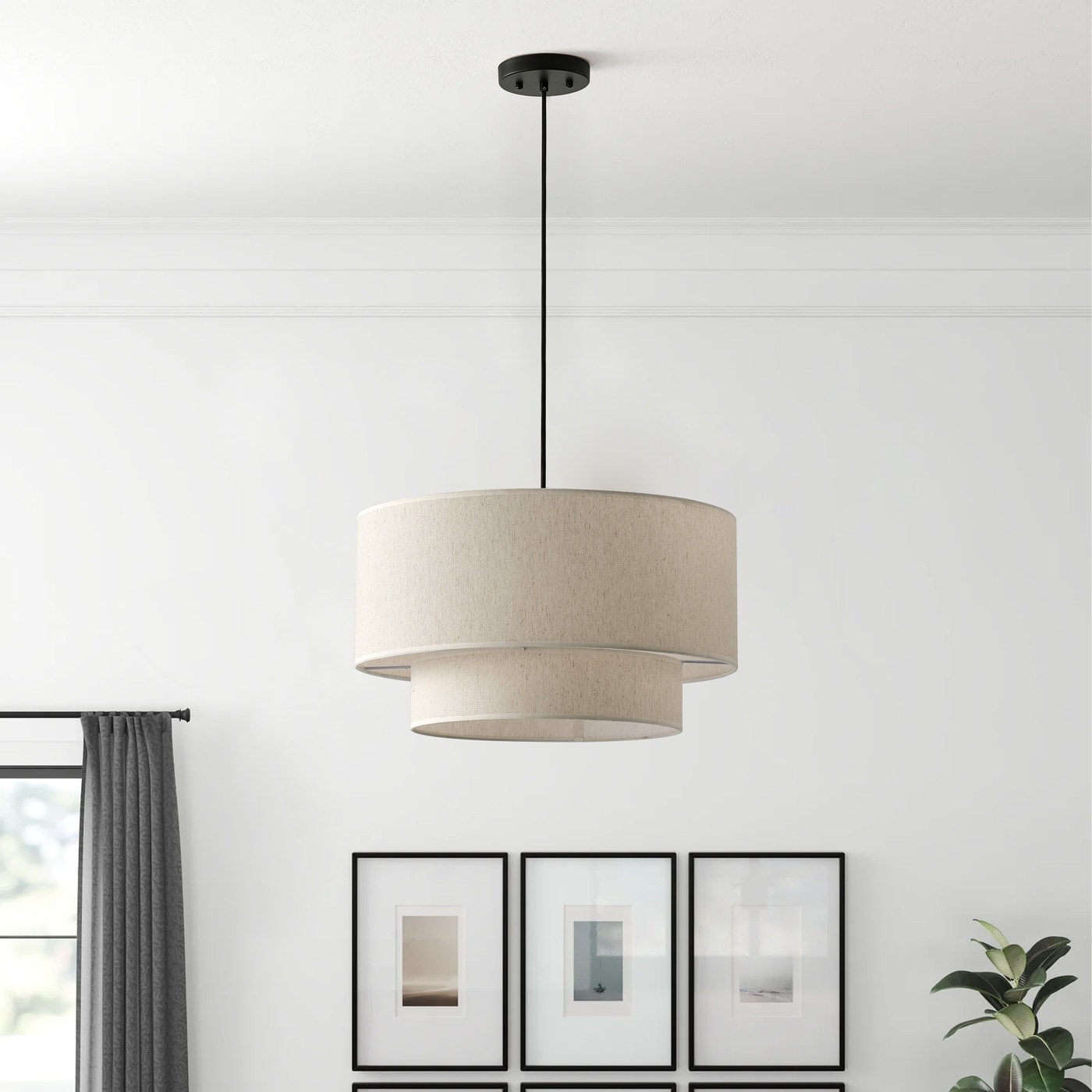 Modern Off White Drum Pendant Light with 2 Tier Linen Fabrics Lampshade