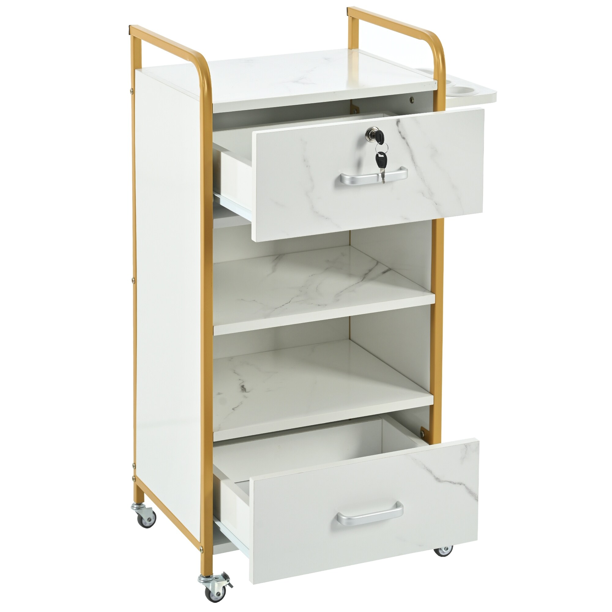Locking Salon Storage Cabinet Beauty Barber Salon Styling Station Organizer Equipment with 3 Hair Dryer Holder 2 Drawers Gold Black