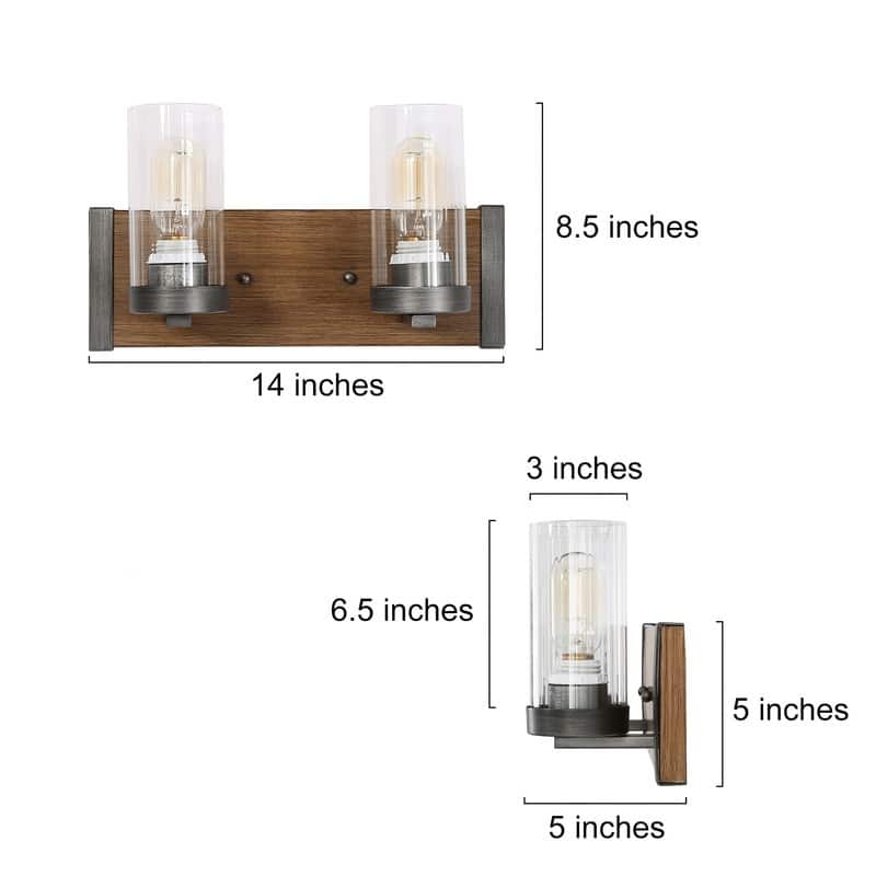 Farmhouse Rustic 2-light Pinewood Glass Bathroom Vanity Light Sconce - L 14"x W 5"x H 8.5"