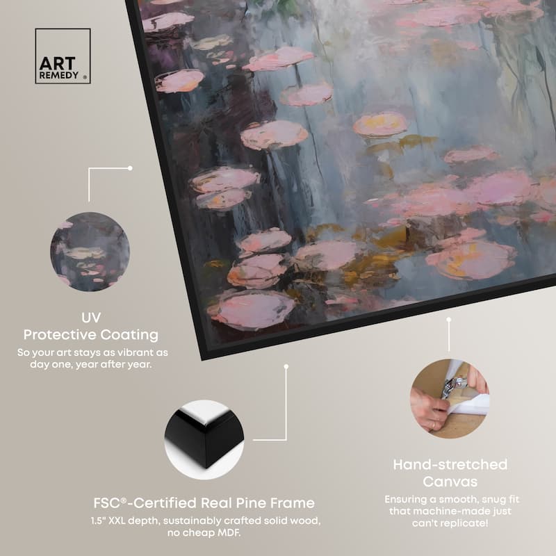 Art Remedy Pink Impressionisty Lilypads Framed Impressionism 1 Piece Canvas Wall Art /Monet And Van Gogh Inspired Art