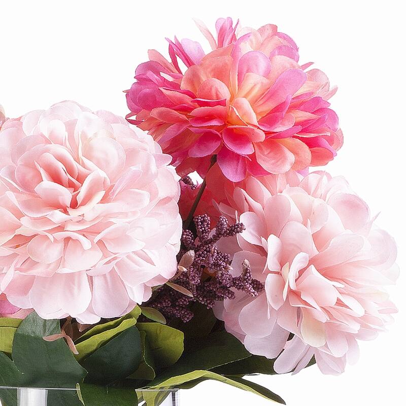Enova Home 7 Heads Pink Mixed Artificial Silk Dahlia Fake Flowers Arrangement in Glass Vase with Faux Water for Home Decor - N/A