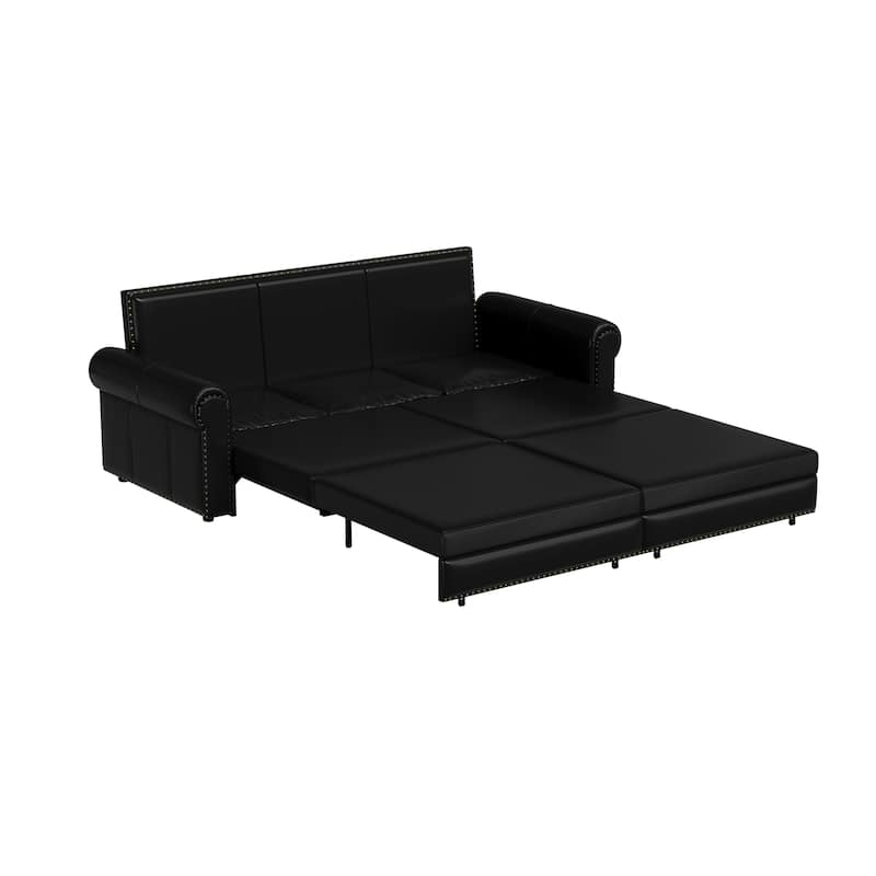 93.70"Faux Leather 3-Seater Sleeper Sofa Bed with Chaise, Retro Style with Rivet Trim
