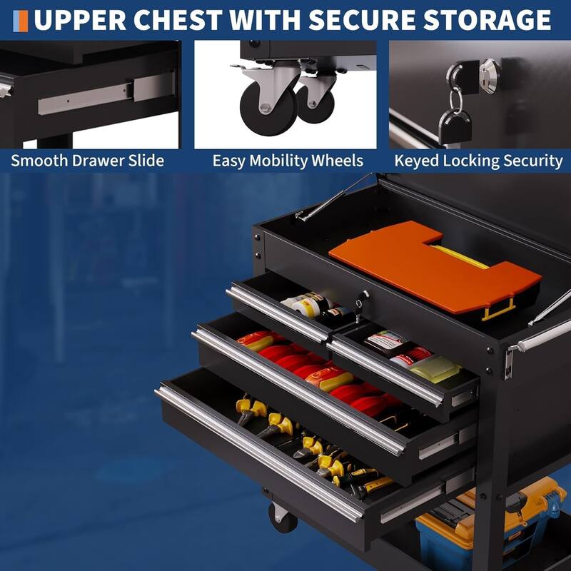 4-Drawer Rolling Tool Chest, Tool Box Cart with Lock, Heavy Duty Metal Tool Cart On Wheels, Powder-Coated Steel, Tool