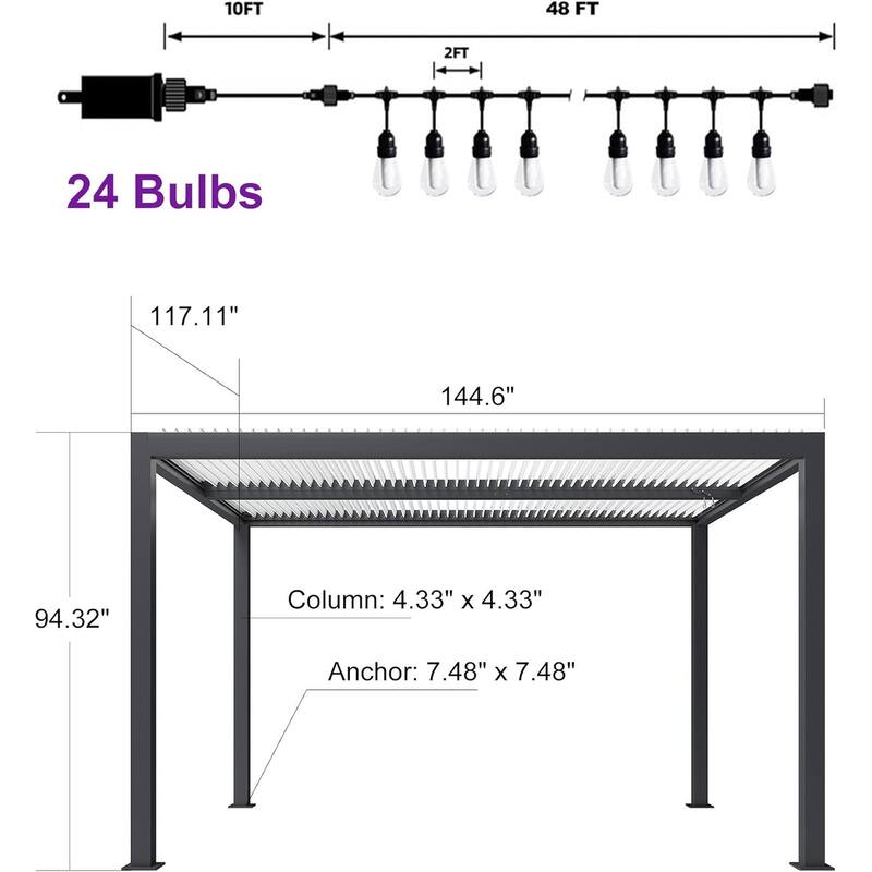 PURPLE LEAF Louvered Pergola with Solar Lights Hardtop Gazebo for Patio