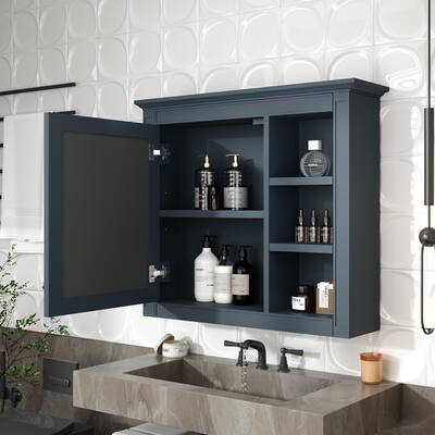Skin Care Cabinet Blue Medicine Cabinet Bathroom Mirror Cabinet Wall Cabinet Hidden Storage Cabinet with 3 Open Shelves