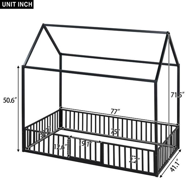 Black Twin Size Metal House Bed with Fence, Roof and Door for Kids, Boys and Girls, Bedroom