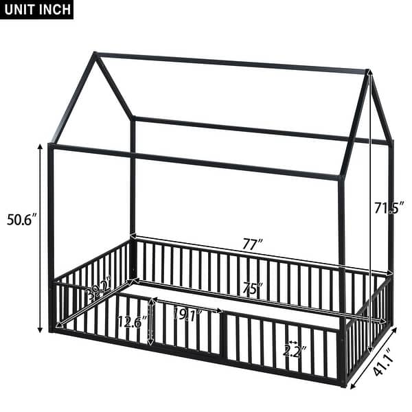 dimension image slide 1 of 2, Cabin Style Twin Size House Platform Bed,Sturdy Metal Bed with Roof,Metal Fence Around Bed with Door