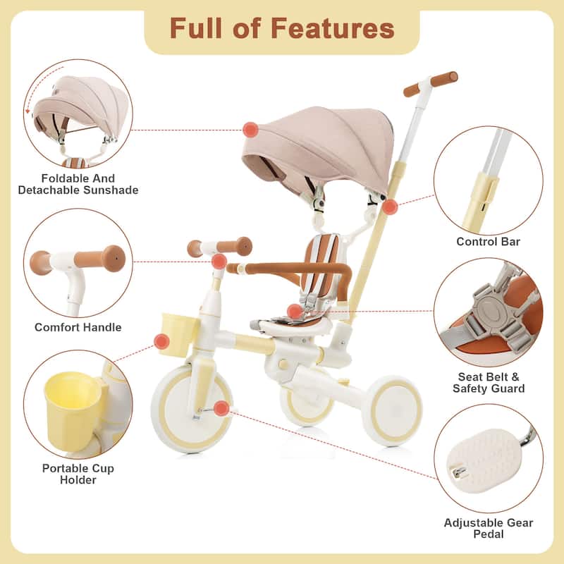 7 In 1 Baby Tricycle, Toddler Tricycle With Removable And Adjustable Push Rod,For 18-72 Months