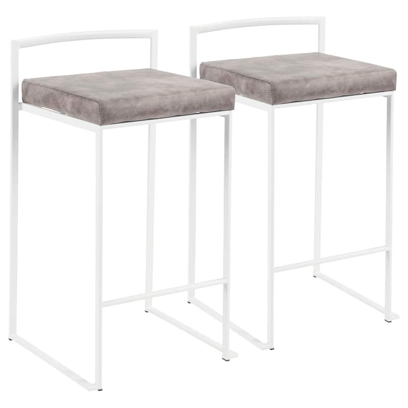 Lumisource Counter Stool in White with Grey Faux Leather - Set of 2 - 16"Lx17.5"Wx31"H