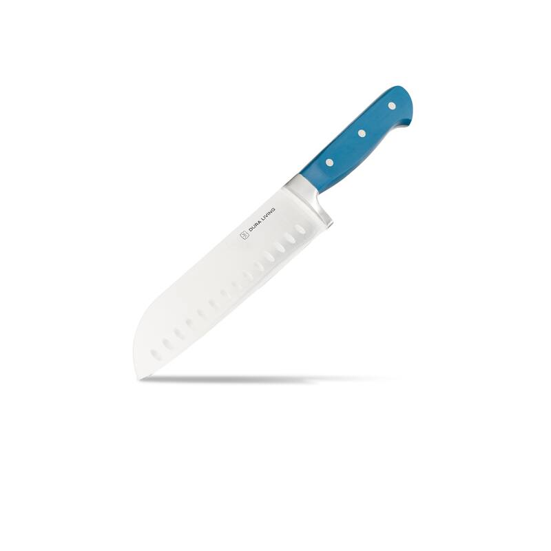 Dura Living 7-inch Hollow Edge Santoku Knife - High Carbon Stainless Steel - Blue