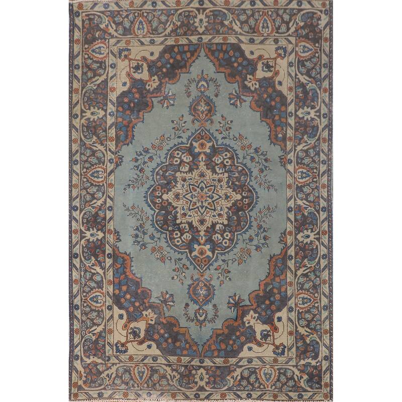 Over-Dyed Blue Tabriz Persian Vintage Rug Hand-Knotted Wool Carpet - 6'2"x 9'5"