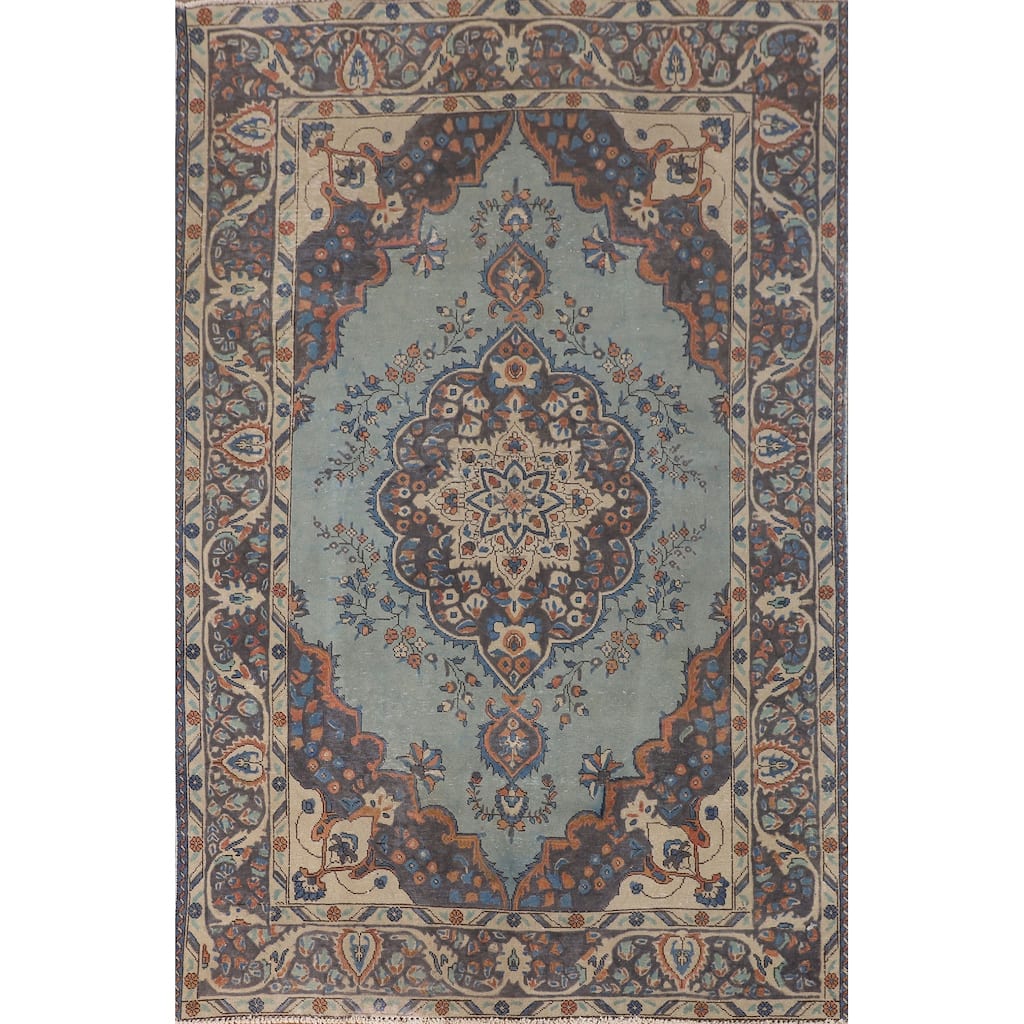 Over-Dyed Blue Tabriz Persian Vintage Rug Hand-Knotted Wool Carpet - 6'2"x 9'5"