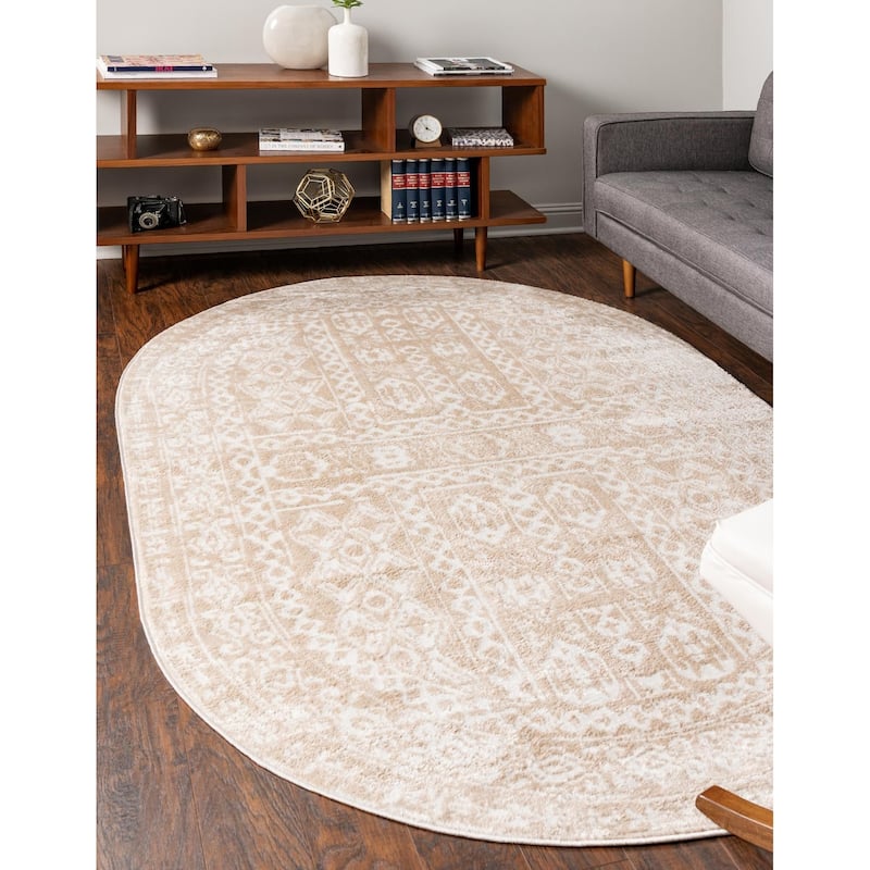 Contemporary Trabzon Collection Area Rug - Beige-Ivory - 8'x10' Oval