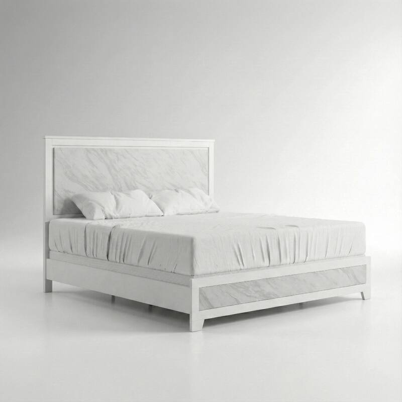Furniture of America Loris Modern White Panel Bed with Faux Marble Headboard