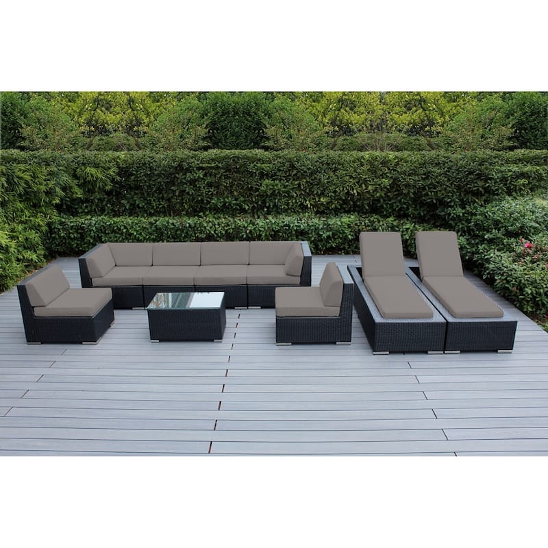 Ohana Outdoor Patio 9 Piece Black Wicker Sofa and Chaise Lounge Set - No Assembly - Sunbrella Taupe