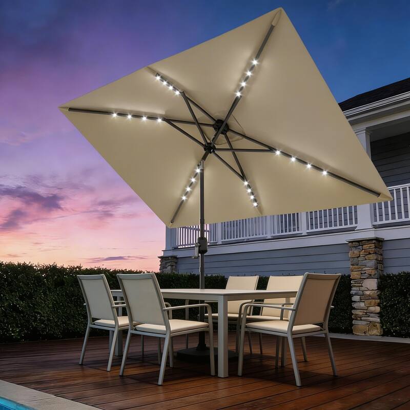 10 x 6.5 ft Solar Rectangular Patio Umbrella, with LED Lights - Beige