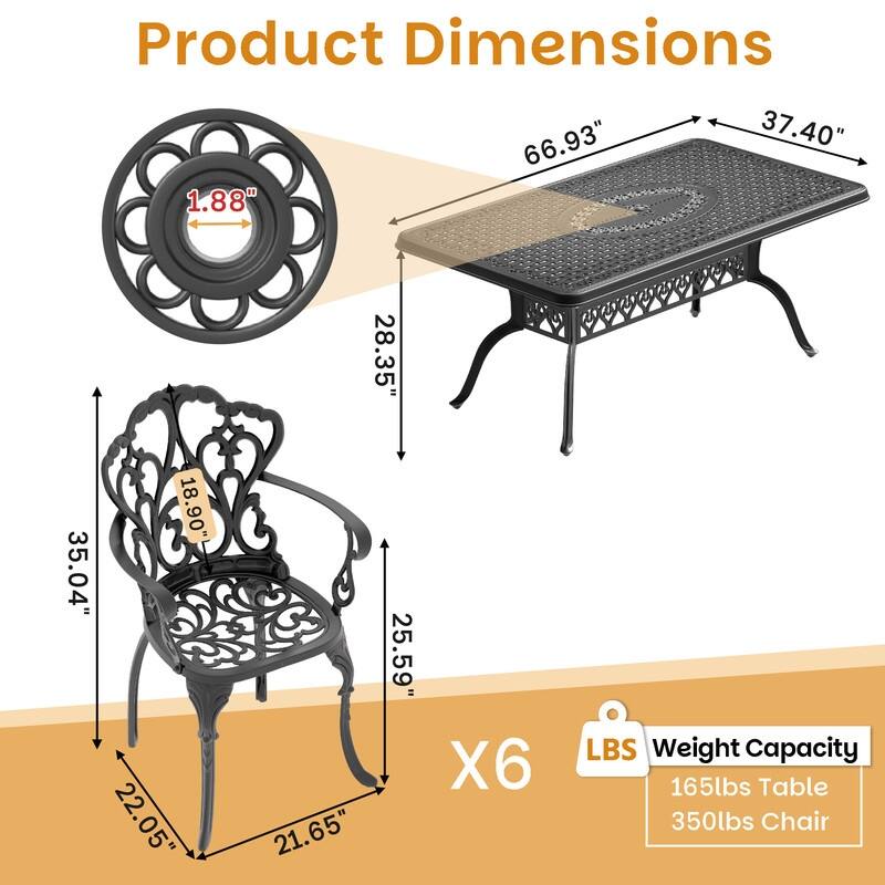 7-Piece Cast Aluminum Outdoor Dining Set with 66.93'' L X 37.40'' W Rectangular Table and Seat Cushions