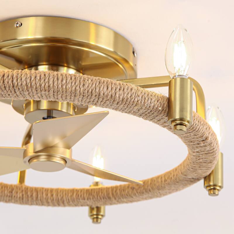 20.4" Farmhouse Gold Hemp Rope Chandelier Low Profile Caged Ceiling Fan with Light - 20.35 in. D x 20.35 in. W x 6.54 in. H