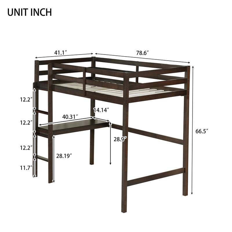 Twin High Loft Bed, Rubber Wood Loft Bed with Safety Guardrail built-in desk, ladder, Espresso