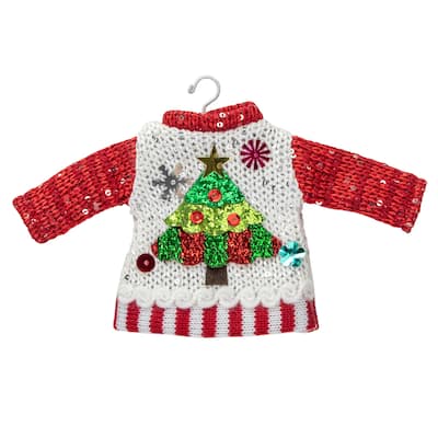 Knitted Ugly Sweater with Hanger Christmas Tree Ornament - 8" - White