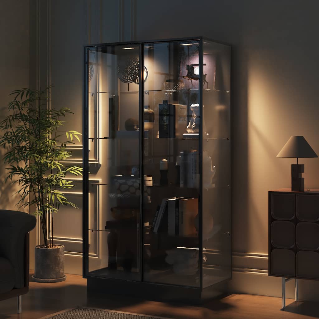 Bookshelves Glass Display Cabinet with LED Spotlight, 72.8" Tall Curio Cabinet with Tempered Glass Shelves