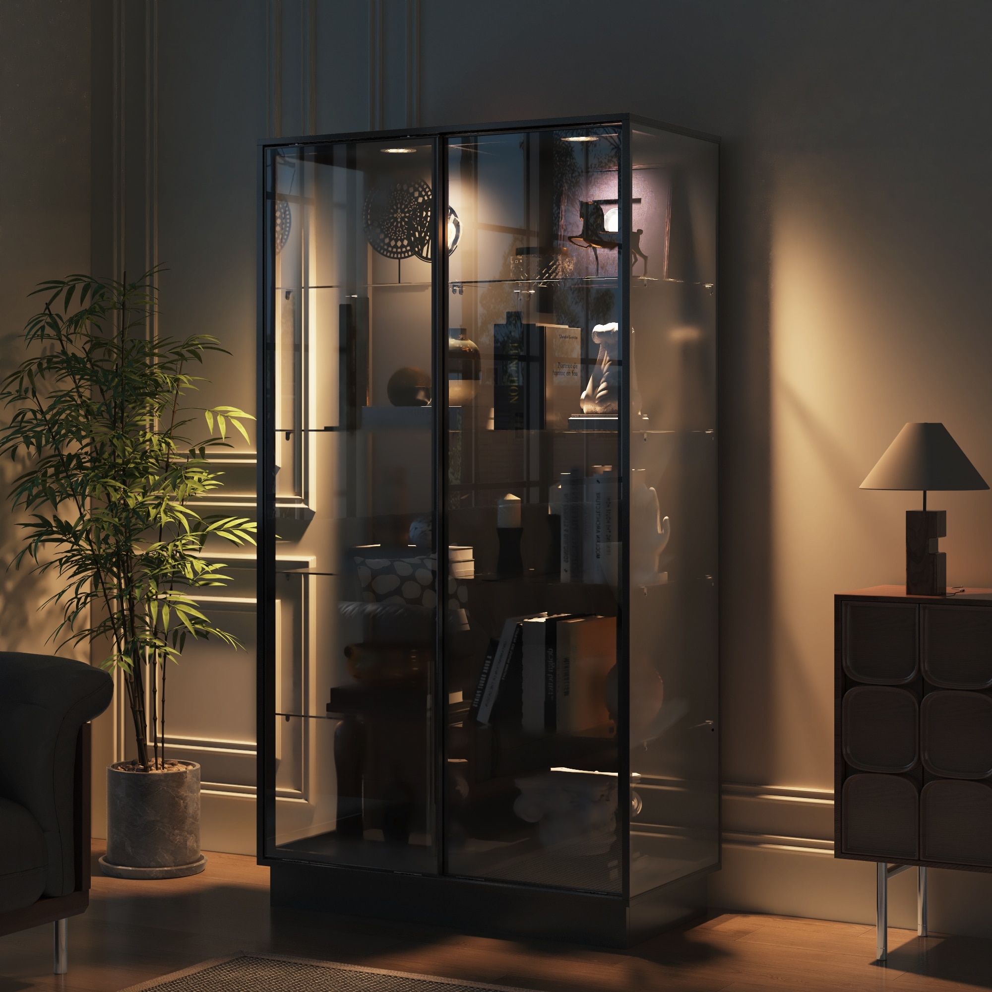 Bookshelves Glass Display Cabinet with LED Spotlight, 72.8" Tall Curio Cabinet with Tempered Glass Shelves