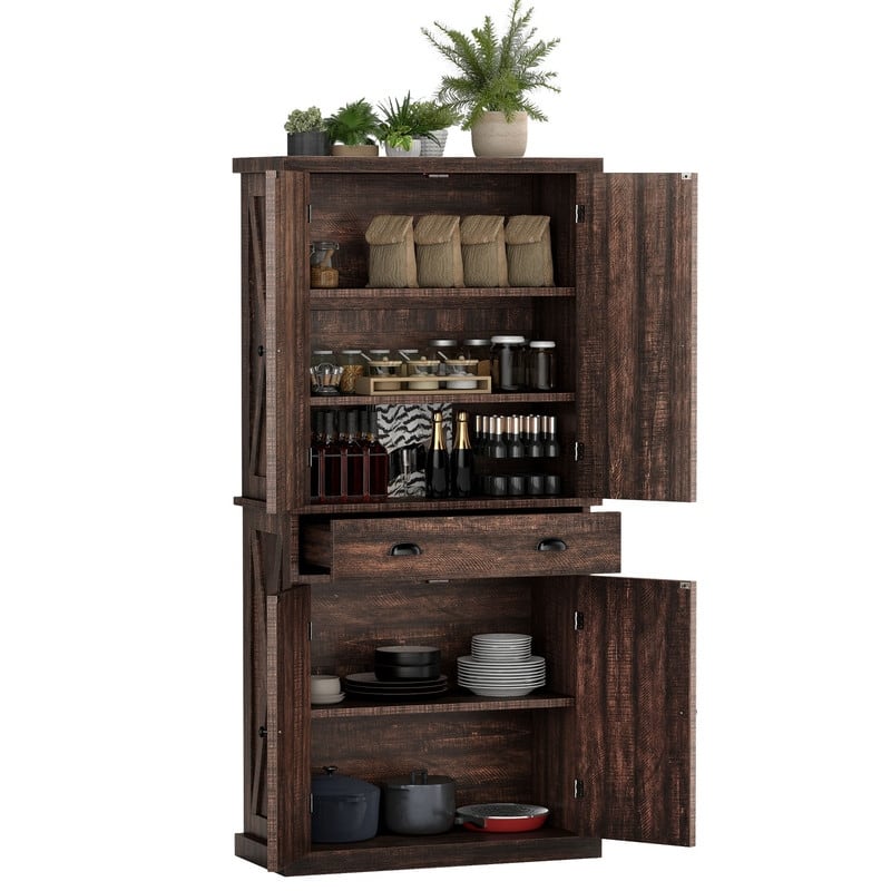 Farmhouse Kitchen Storage Pantry Cabinet with with 4 Barn Doors and Large Drawer & Adjustable Shelves