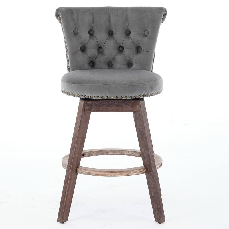 Velvet Upholstered Counter Height Bar Stools Set of 2, Tufted Button Swivel Bar Stools, Kitchen Counter Stools with Wood Legs - Gray