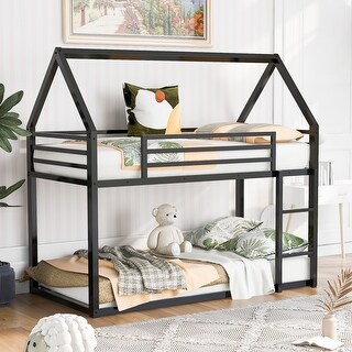 Twin over Twin House Bunk Bed with Built-in Ladder,Metal Twin Size Bunk Bed Frame, Easy Assembly,Convertible Ladder,Black