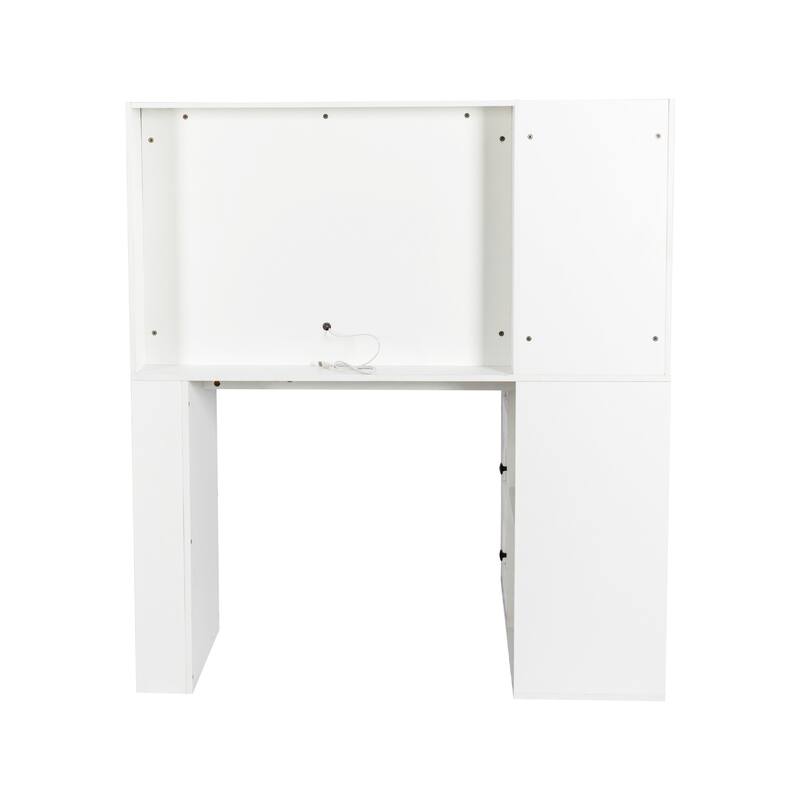 Vanity Desk with Lights & Power Strip, Large Bedroom Makeup Table, Dressing Table Set with Stool, 3 Drawers & 7 Shelves