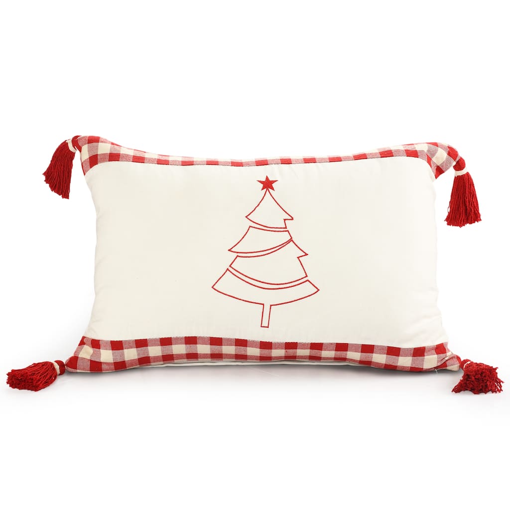 Sevita Buffalo Plaid Bordered Christmas Tree Cotton Throw Pillow
