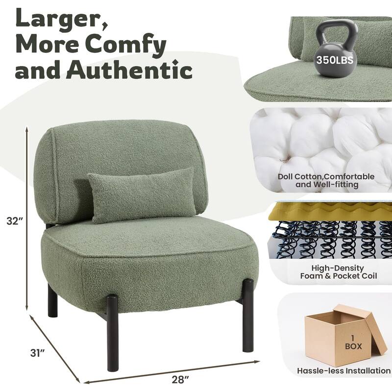 AECOJOY Modern Accent Chair, Extra Large Teddy Upholstered Lounge Chair with Pillow, Sturdy Metal Frame Comfy Reading Chair