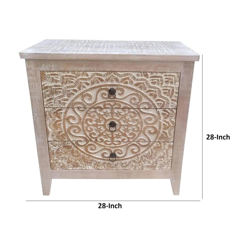 28 Inch Ornate Medallion Accent Cabinet with 3 Drawers, Mango Wood, White
