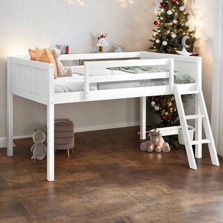 Twin Size Wood Low Loft Bed with Ladder, Ladder on Left or Right, White