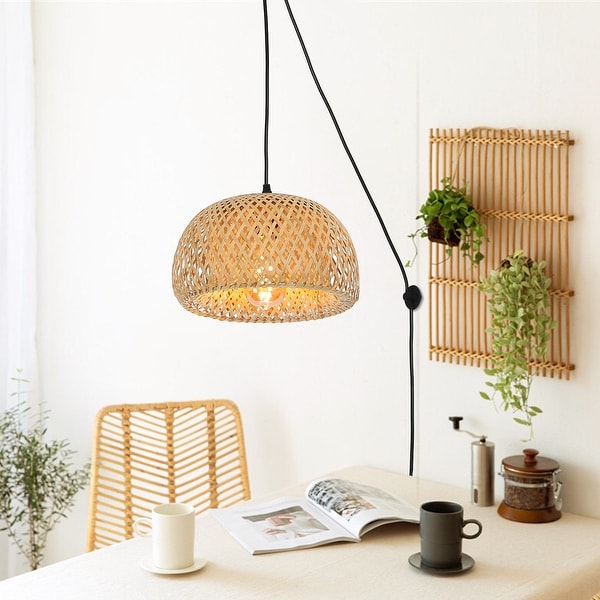Modern Plug in Cord Bamboo Lantern Pendant Light with Switch Woven Rattan Shade Chandelier Adjustable Hanging Wall Lamp 11.02 11.02 5.9