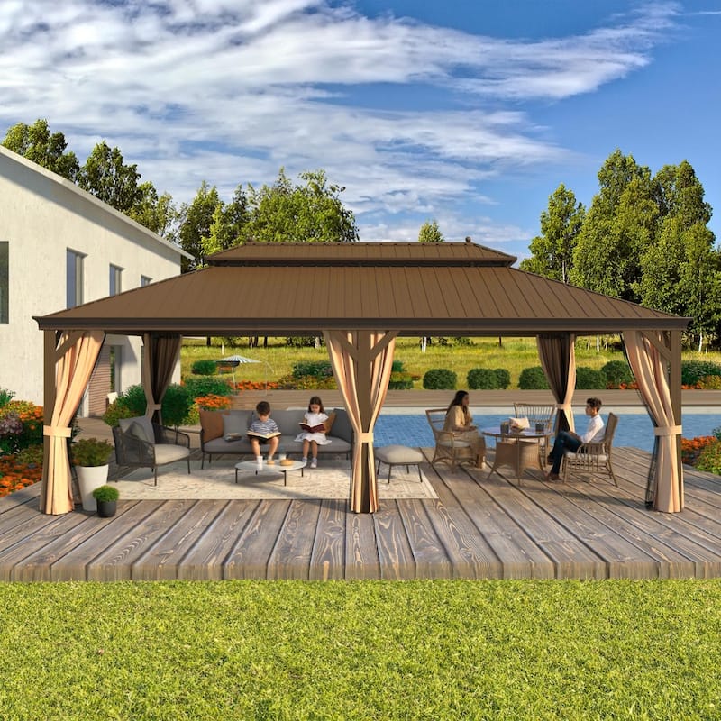 Outdoor Hardtop Gazebo with Galvanized Steel Double Roof & Aluminum Frame, Outdoor pergola with Premium Curtains and Nettings - 14'x24' - Clearance Prime
