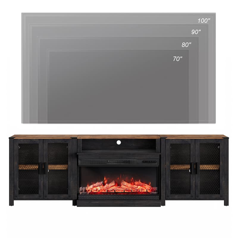 Rustic Wood Fireplace TV Stand with Mesh Barn Doors for Living Room